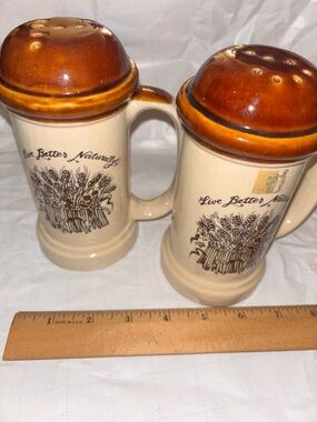 Vintage Enesco Stoneware Live Better Naturally Salt And Pepper Shakers 1977